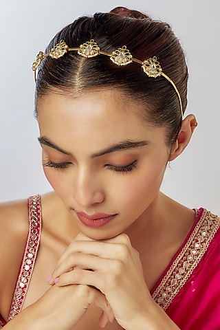 Gold Finish Kundan Polki Hairband by Adityam Jewels