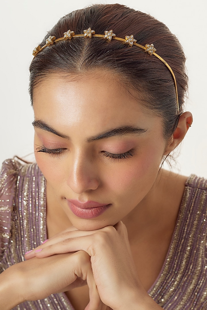 Gold Finish Kundan Polki Hairband by Adityam Jewels at Pernia's Pop Up Shop