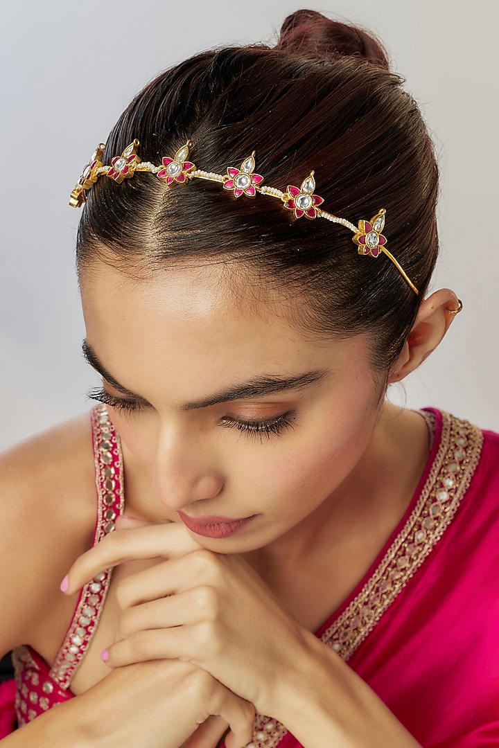 Gold Finish Kundan Polki Hairband by Adityam Jewels at Pernia's Pop Up Shop