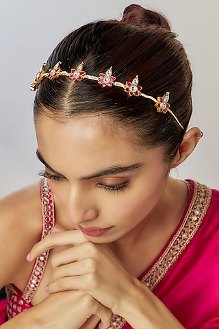Gold Finish Kundan Polki Hairband by Adityam Jewels