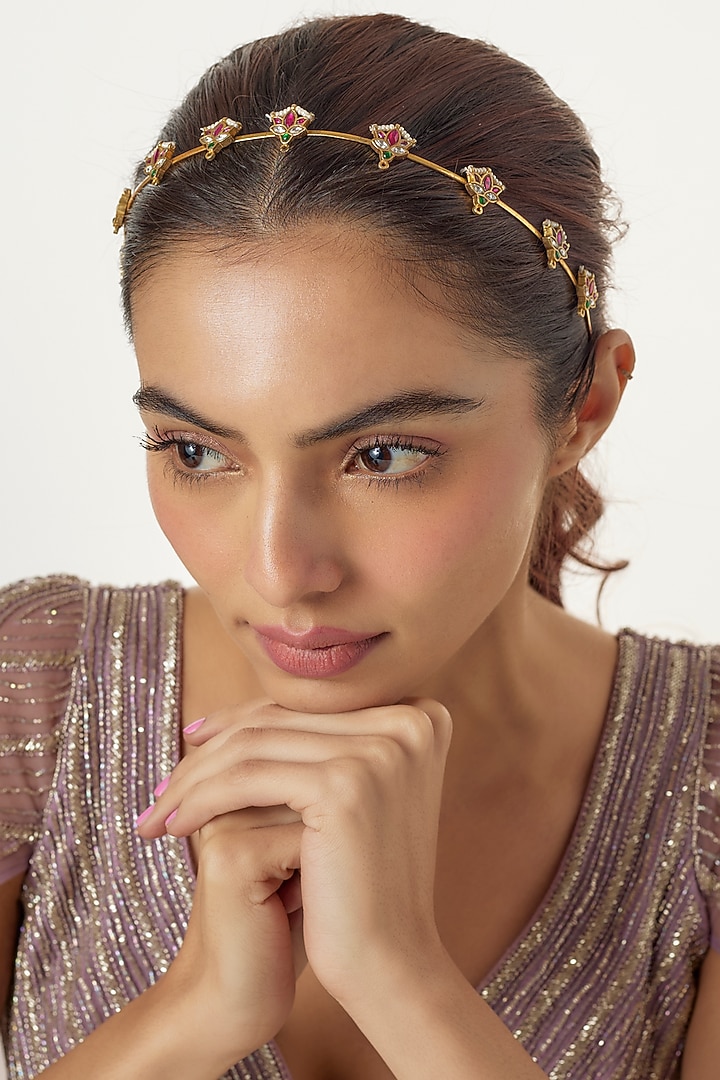 Gold Finish Kundan Polki Hairband by Adityam Jewels at Pernia's Pop Up Shop