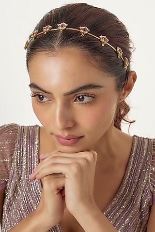 Gold Finish Kundan Polki Hairband by Adityam Jewels