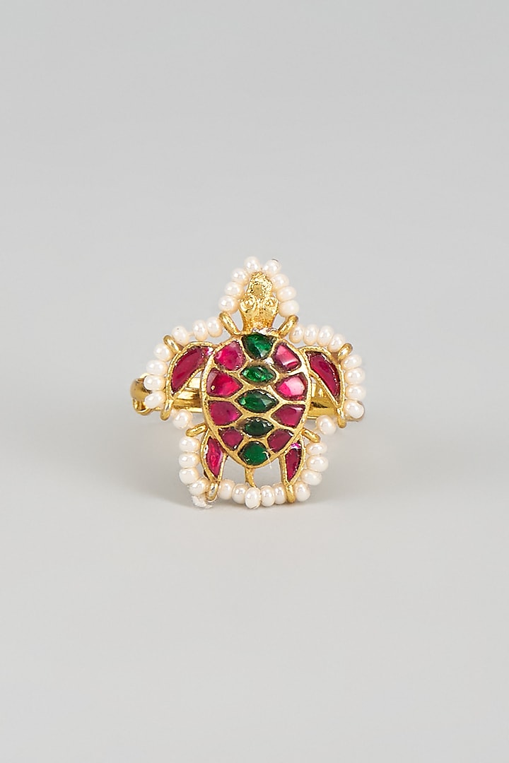 Gold Finish Multi-Colored Kundan Polki Turtle Ring by Adityam Jewels