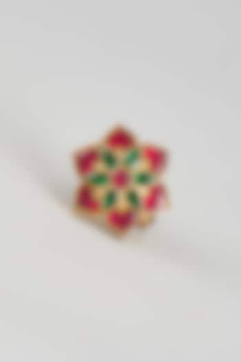 Gold Finish Multi-Colored Kundan Polki Floral Ring by Adityam Jewels