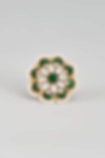 Gold Finish Green Kundan Polki Floral Ring by Adityam Jewels