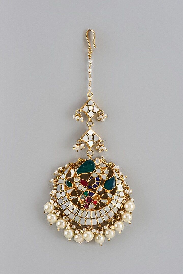 Gold Finish Multi-Colored Kundan Polki & Mother Of Pearl Maang Tikka by Adityam Jewels at Pernia's Pop Up Shop