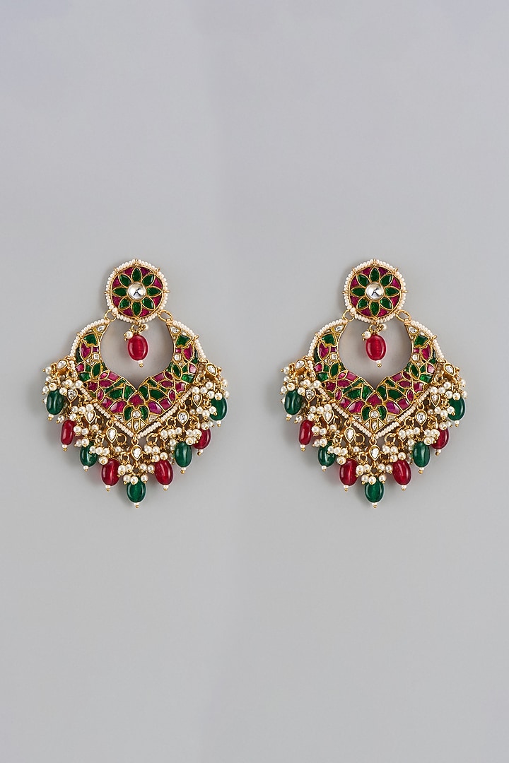 Gold Finish Multi-Colored Kundan Polki Chandbali Earrings by Adityam Jewels at Pernia's Pop Up Shop