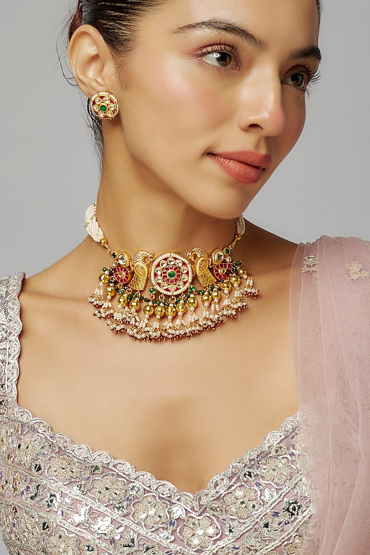 Gold Finish Multi-Colored Kundan Polki Choker Necklace Set by Adityam Jewels at Pernia's Pop Up Shop