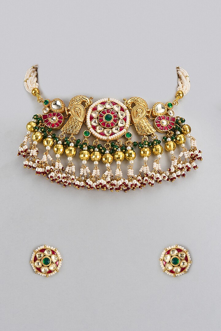 Gold Finish Multi-Colored Kundan Polki Choker Necklace Set by Adityam Jewels at Pernia's Pop Up Shop