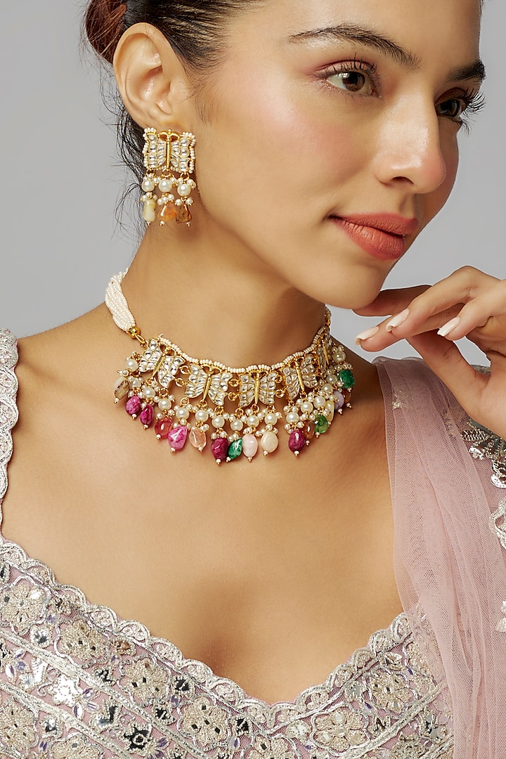 Gold Finish Multi-Colored Drop & Kundan Polki Butterfly Necklace Set by Adityam Jewels