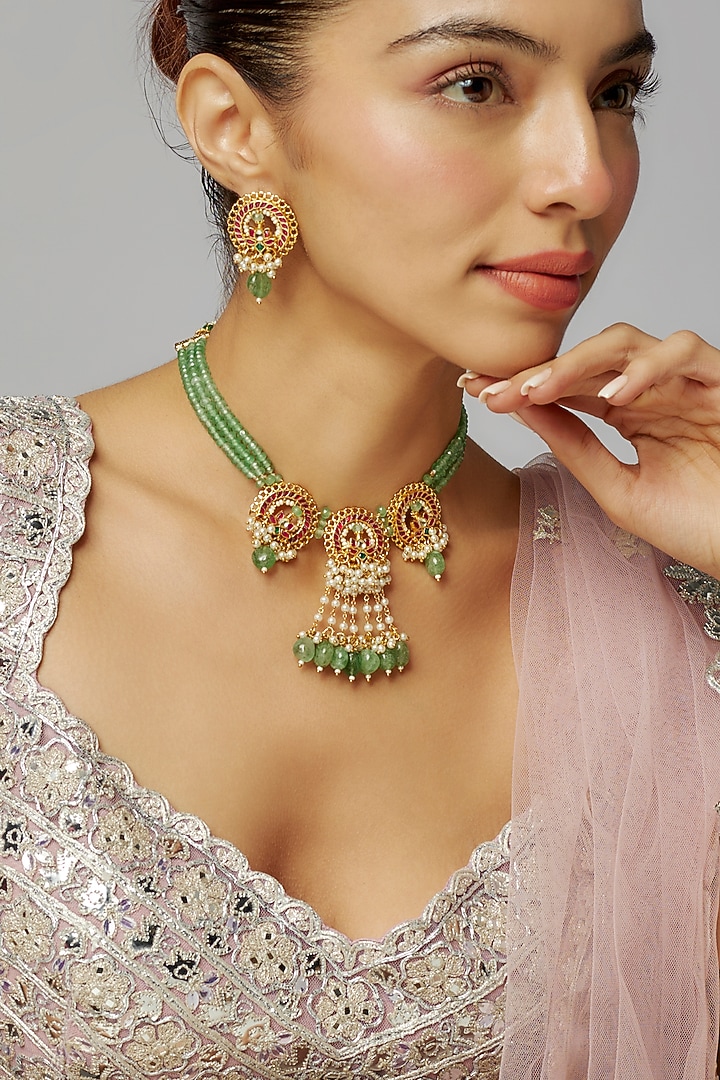 Gold Finish Multi-Colored Kundan Polki Necklace Set by Adityam Jewels at Pernia's Pop Up Shop