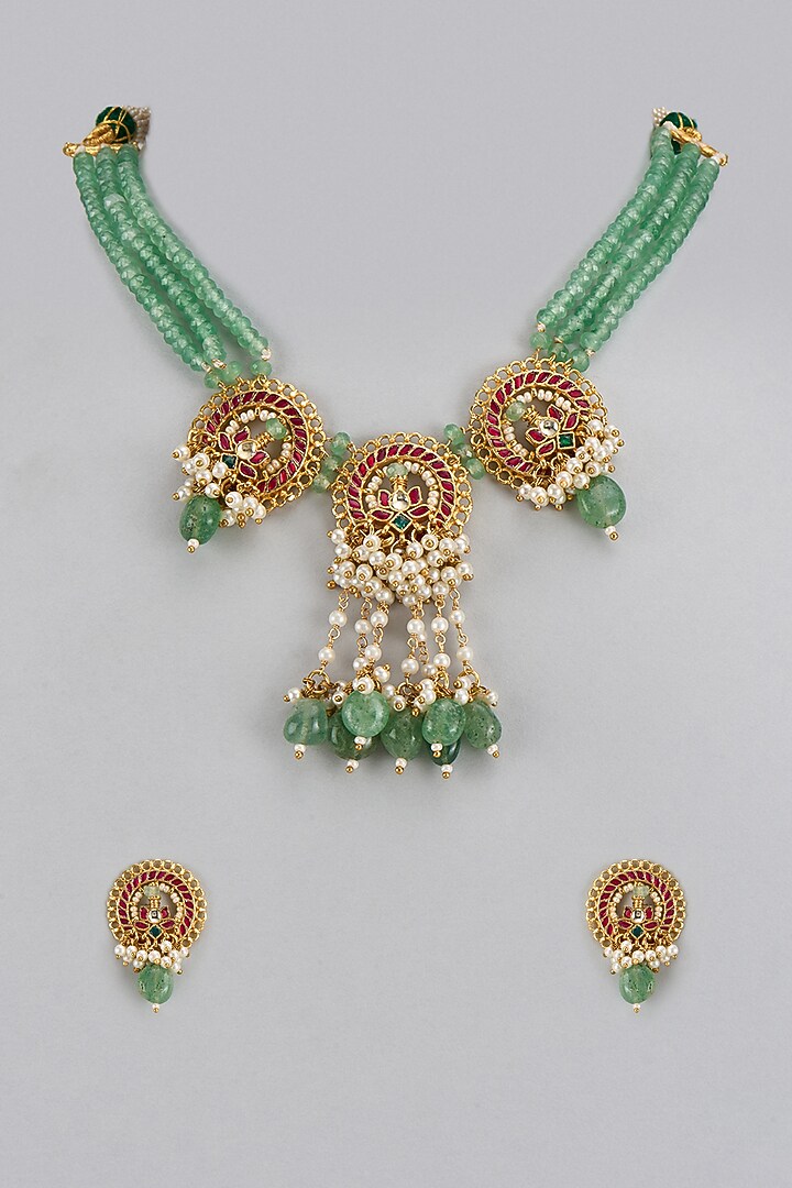 Gold Finish Multi-Colored Kundan Polki Necklace Set by Adityam Jewels at Pernia's Pop Up Shop