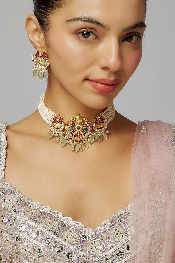 Gold Finish Multi-Colored Kundan Polki Necklace Set by Adityam Jewels at Pernia's Pop Up Shop