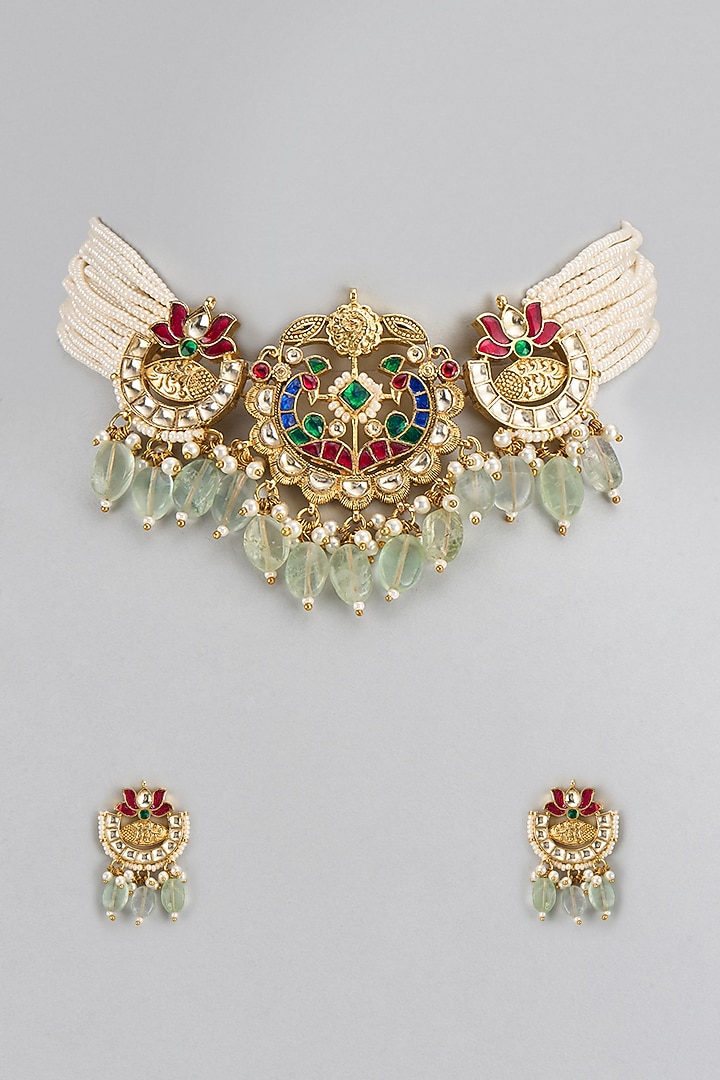 Gold Finish Multi-Colored Kundan Polki Necklace Set by Adityam Jewels at Pernia's Pop Up Shop