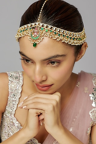 Gold Finish Multi-Colored Kundan Polki Mathapatti by Adityam Jewels