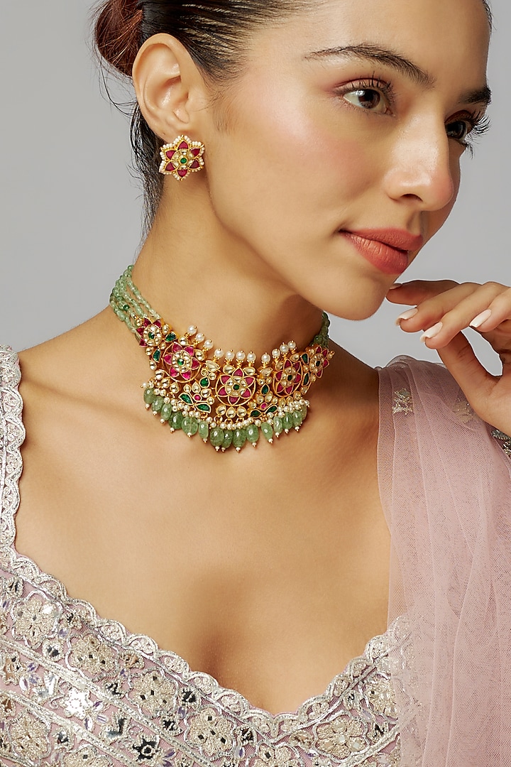 Gold Finish Multi-Colored Kundan Polki Choker Necklace Set by Adityam Jewels at Pernia's Pop Up Shop