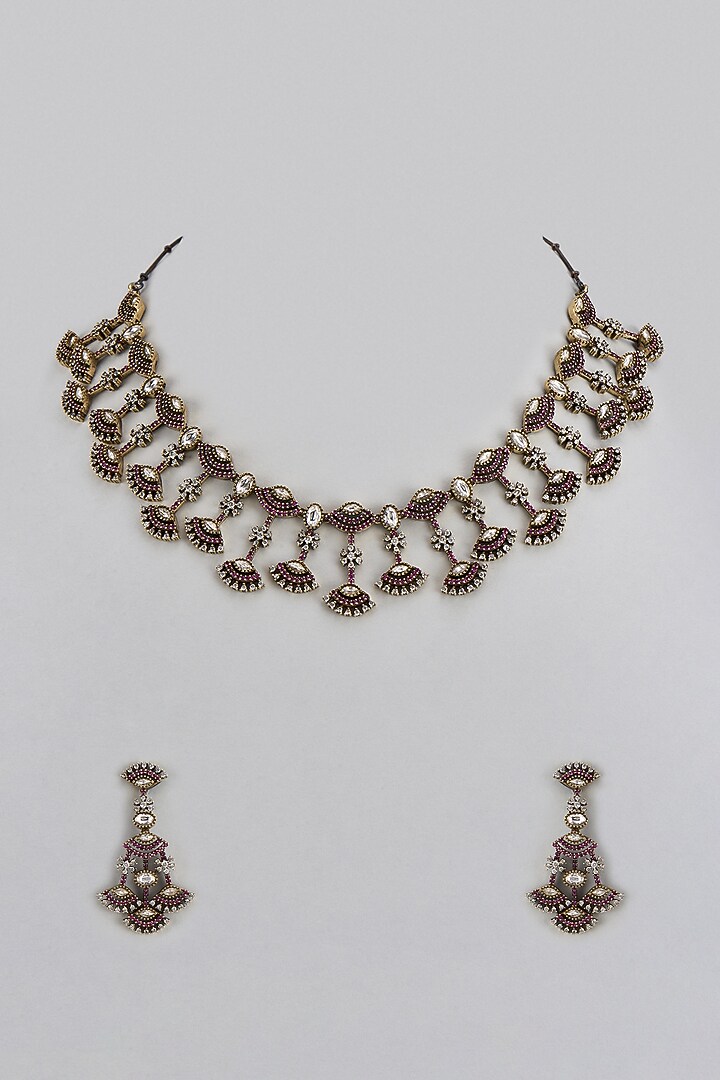 Two Tone Finish Red Zircon Necklace Set by Adityam Jewels at Pernia's Pop Up Shop
