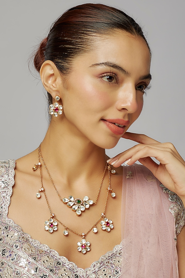 Gold Finish Multi-Colored Kundan Polki Layered Necklace Set by Adityam Jewels at Pernia's Pop Up Shop
