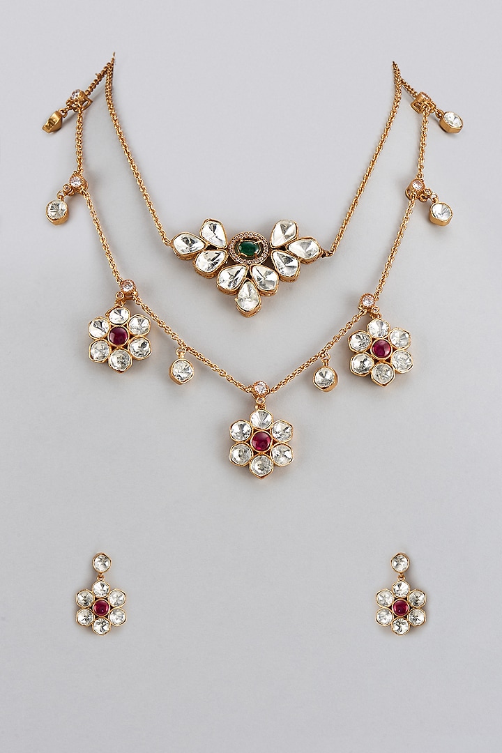 Gold Finish Multi-Colored Kundan Polki Layered Necklace Set by Adityam Jewels at Pernia's Pop Up Shop