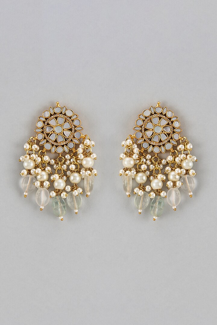 Gold Finish Kundan Polki & Mint Drop Stud Earrings by Adityam Jewels at Pernia's Pop Up Shop