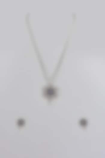 White Finish Blue Zircon Long Pendant Necklace Set by Adityam Jewels