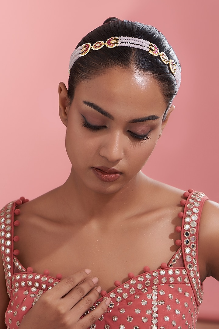 Gold Finish Red Kundan Polki Sheeshphool by Adityam Jewels at Pernia's Pop Up Shop