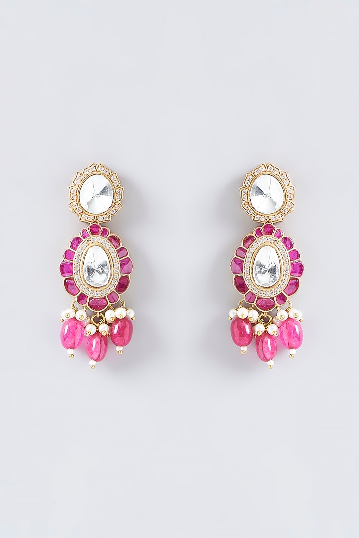 Gold Finish Pink Kundan Polki Dangler Earrings by Adityam Jewels at Pernia's Pop Up Shop