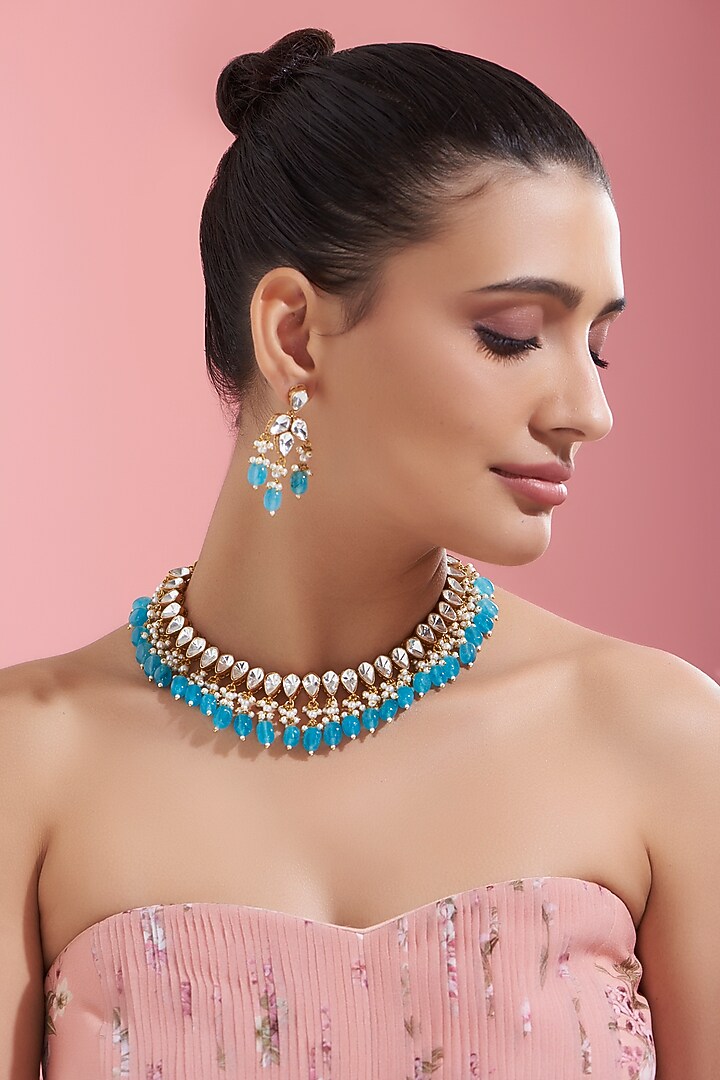 Gold Finish Blue Drop & Kundan Polki Choker Necklace Set by Adityam Jewels at Pernia's Pop Up Shop