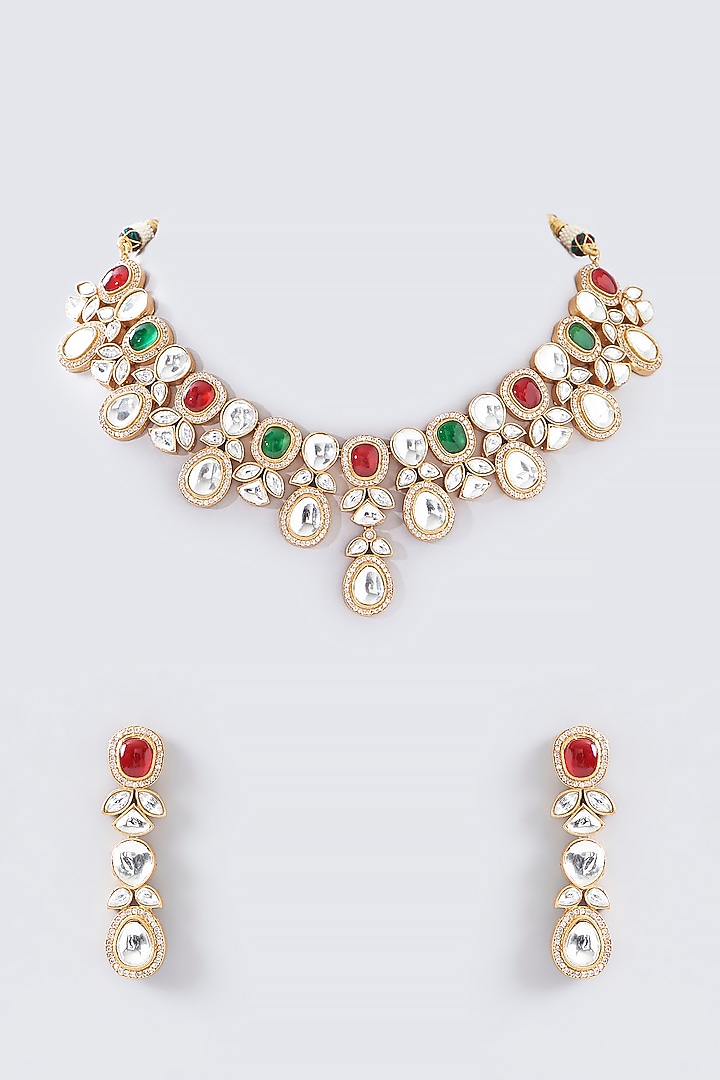 Gold Finish Red & Green Kundan Polki Necklace Set by Adityam Jewels at Pernia's Pop Up Shop