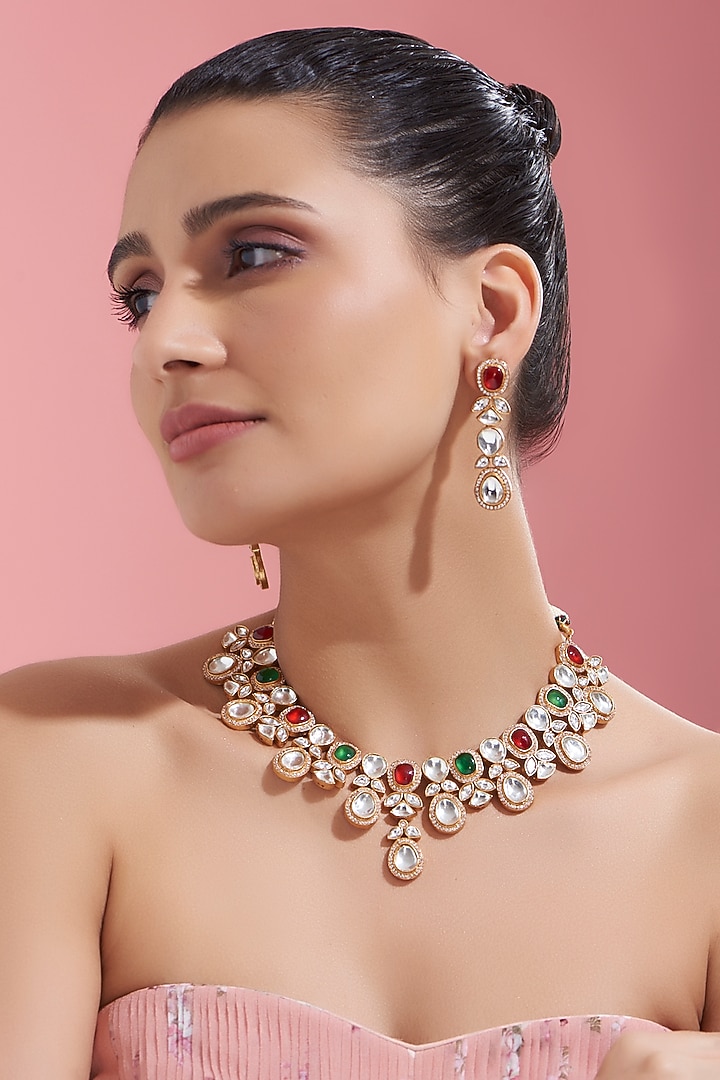 Gold Finish Red & Green Kundan Polki Necklace Set by Adityam Jewels at Pernia's Pop Up Shop