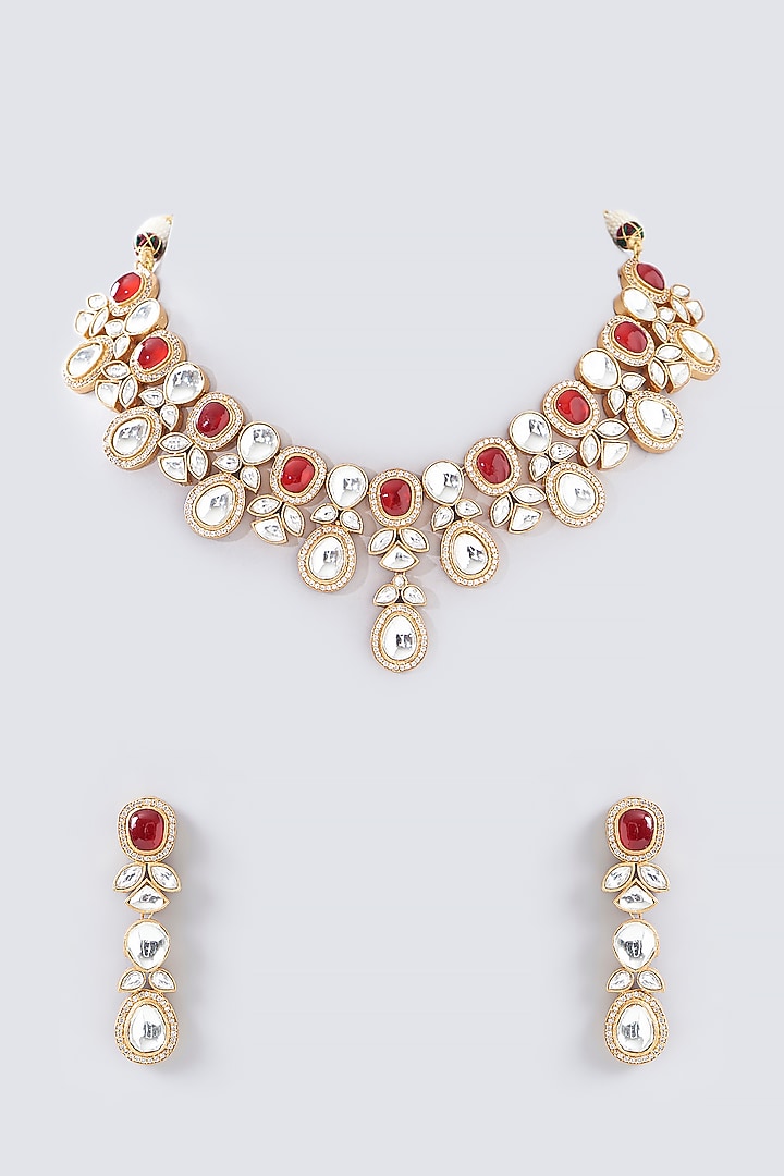 Gold Finish Red & White Kundan Polki Necklace Set by Adityam Jewels at Pernia's Pop Up Shop