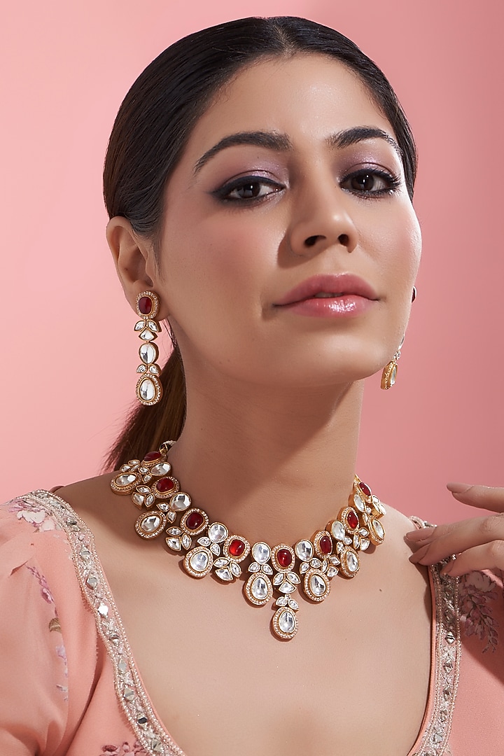 Gold Finish Red & White Kundan Polki Necklace Set by Adityam Jewels at Pernia's Pop Up Shop