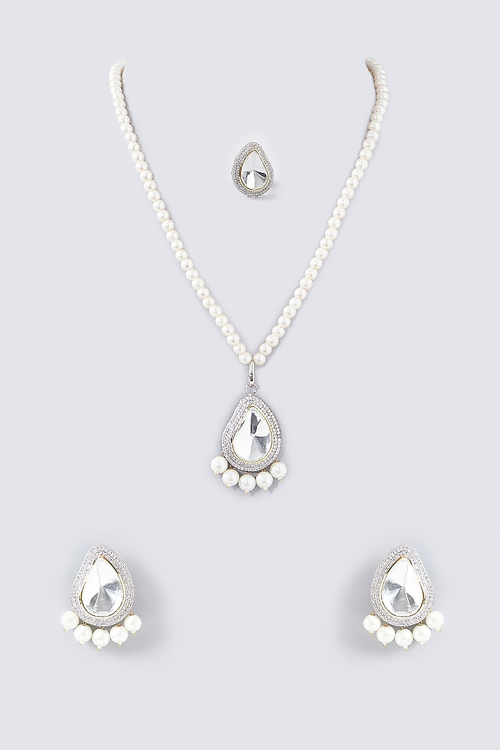 White Finish Kundan Polki & Beaded Long Necklace Set by Adityam Jewels at Pernia's Pop Up Shop