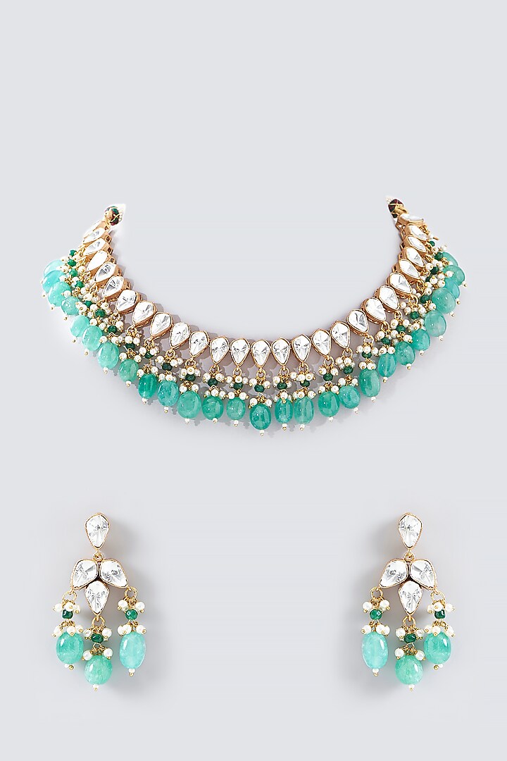 Gold Finish Kundan Polki Necklace Set by Adityam Jewels at Pernia's Pop Up Shop