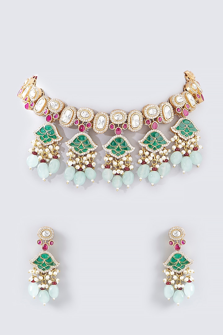 Gold Finish Kundan Polki Necklace Set by Adityam Jewels at Pernia's Pop Up Shop