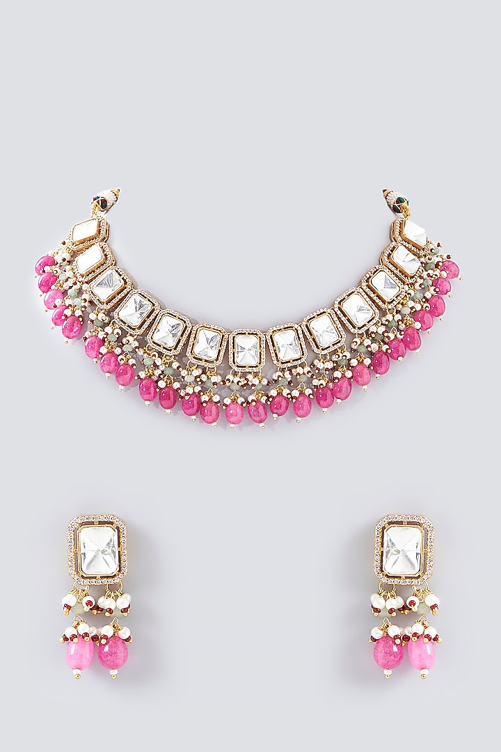 Gold Finish Pink Drops & Kundan Polki Necklace Set by Adityam Jewels at Pernia's Pop Up Shop