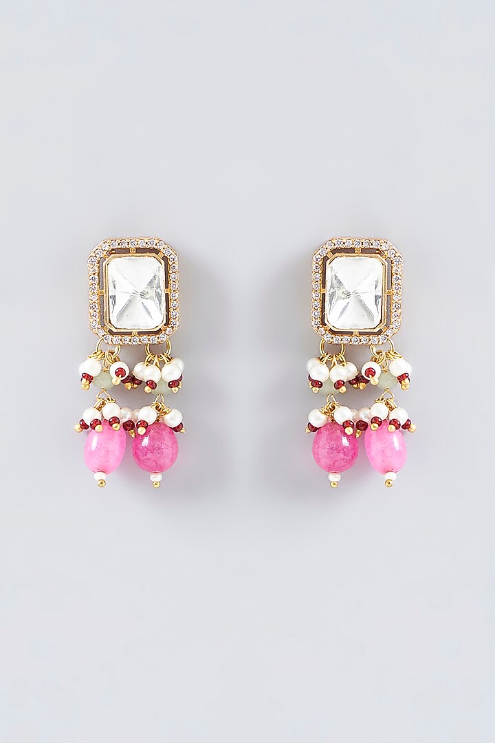Gold Finish Pink Drops & Kundan Polki Necklace Set by Adityam Jewels at Pernia's Pop Up Shop