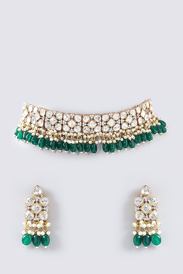 Gold Finish Green Drops & Kundan Polki Choker Necklace Set by Adityam Jewels at Pernia's Pop Up Shop