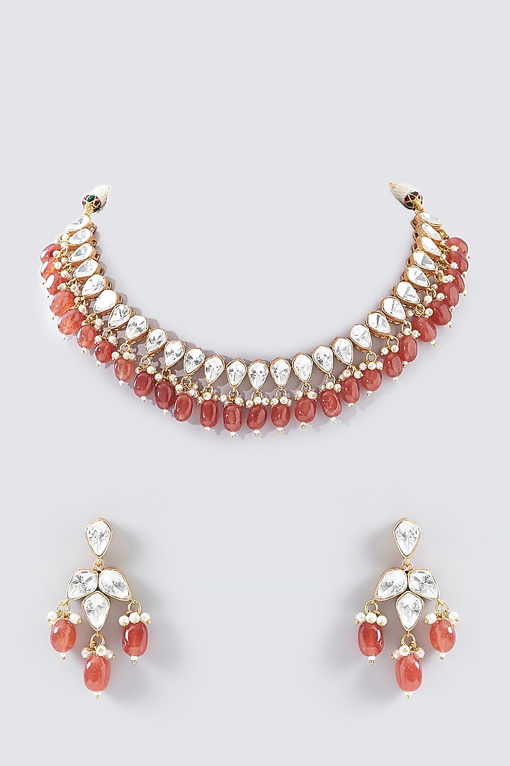 Gold Finish Kundan Polki Necklace Set by Adityam Jewels at Pernia's Pop Up Shop