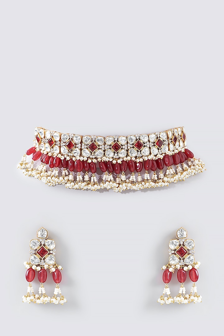Gold Finish Red Drops & Kundan Polki Choker Necklace Set by Adityam Jewels at Pernia's Pop Up Shop