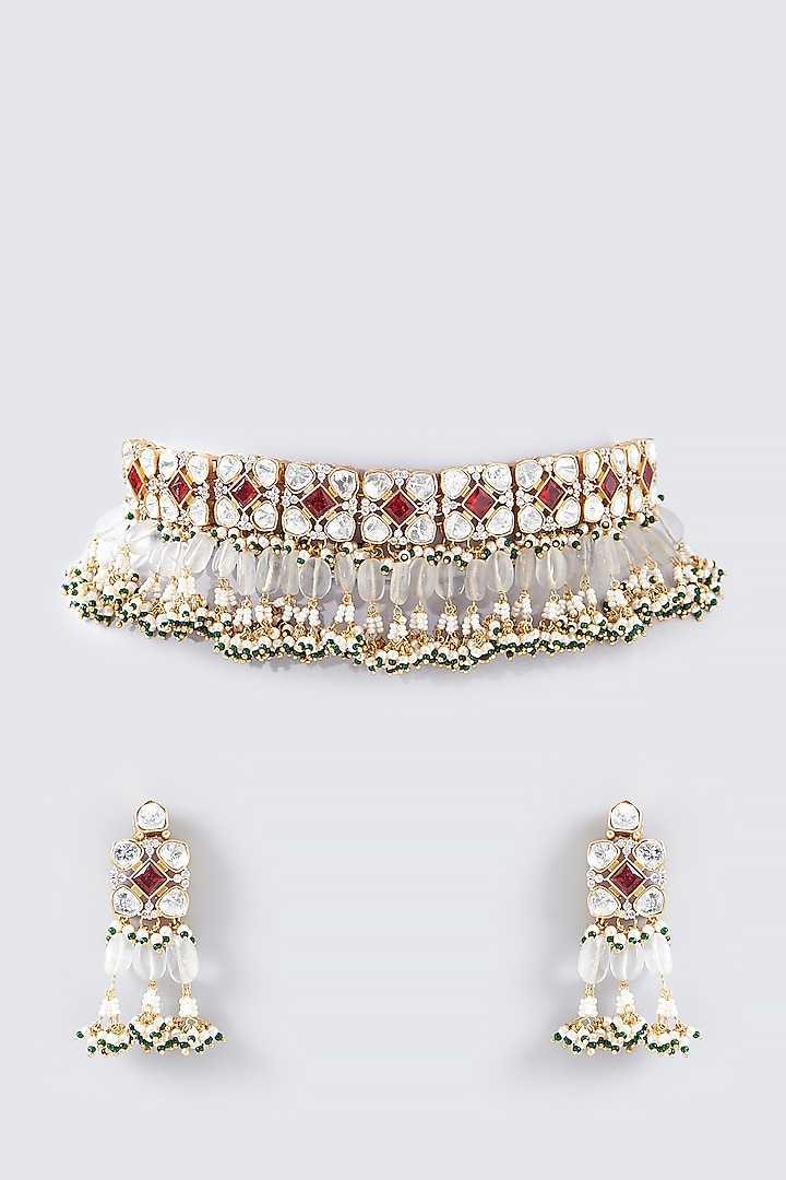 Gold Finish Kundan Polki Choker Necklace Set by Adityam Jewels at Pernia's Pop Up Shop