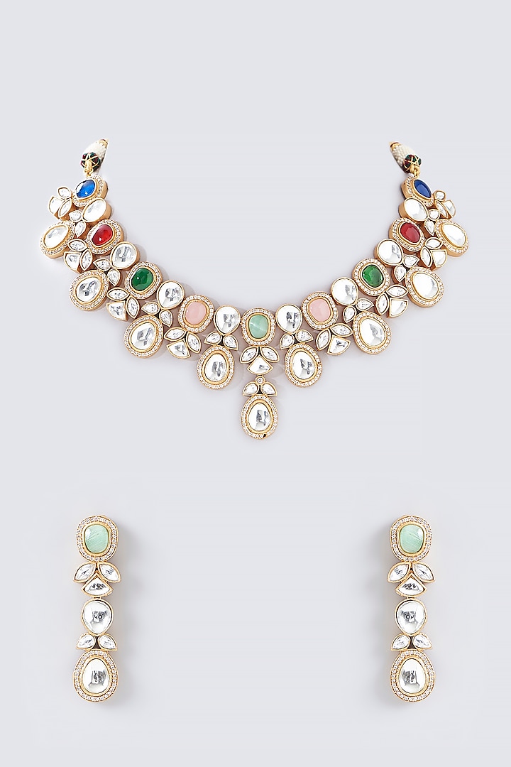 Gold Finish Multi-Colored Kundan Polki Necklace Set by Adityam Jewels at Pernia's Pop Up Shop