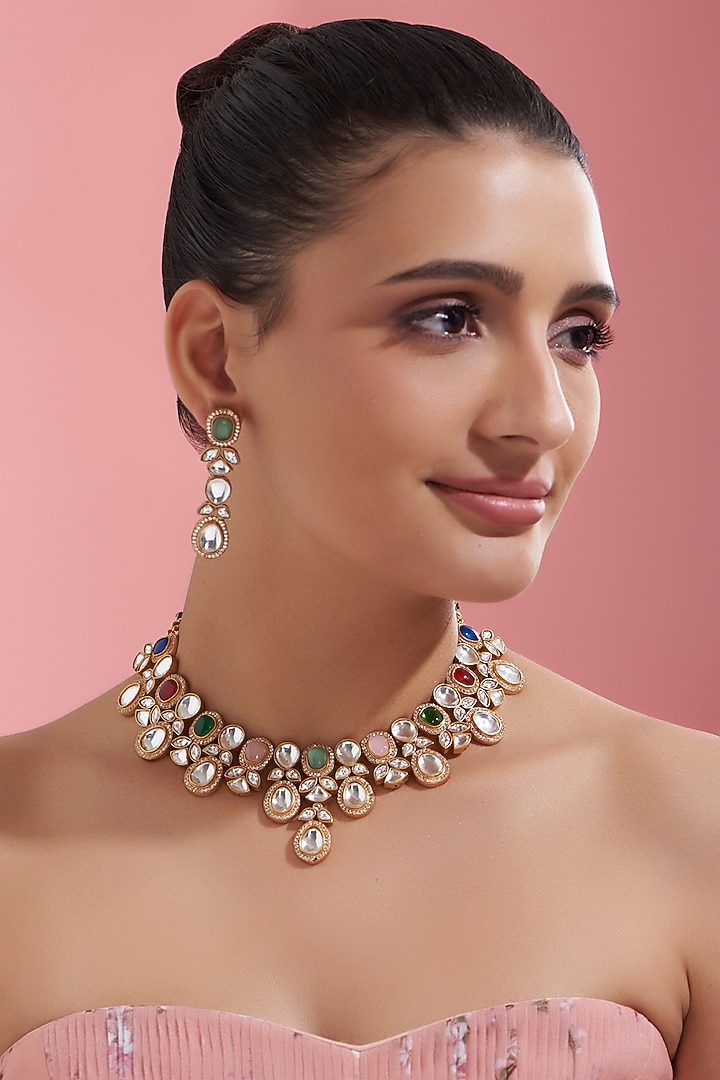 Gold Finish Multi-Colored Kundan Polki Necklace Set by Adityam Jewels at Pernia's Pop Up Shop