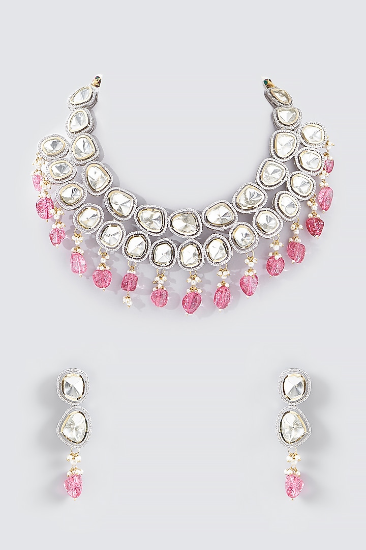 Gold Finish Kundan Polki & Pink Drop Necklace Set by Adityam Jewels at Pernia's Pop Up Shop