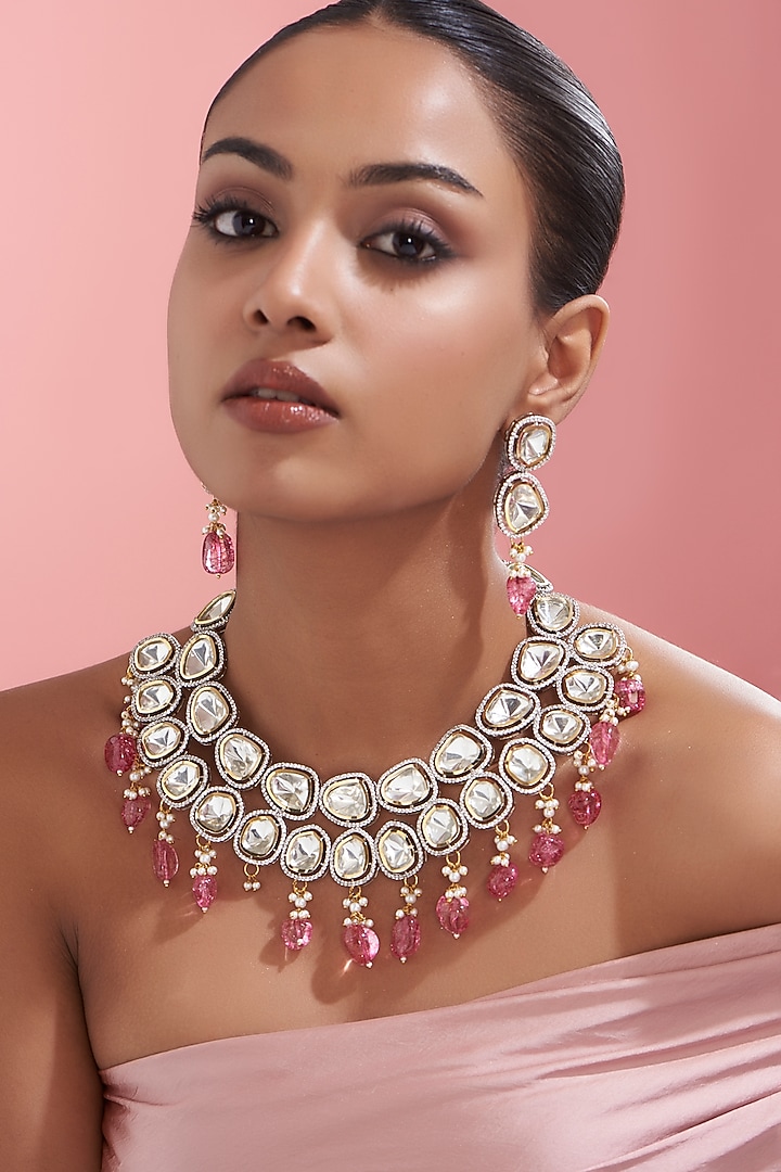 Gold Finish Kundan Polki & Pink Drop Necklace Set by Adityam Jewels at Pernia's Pop Up Shop