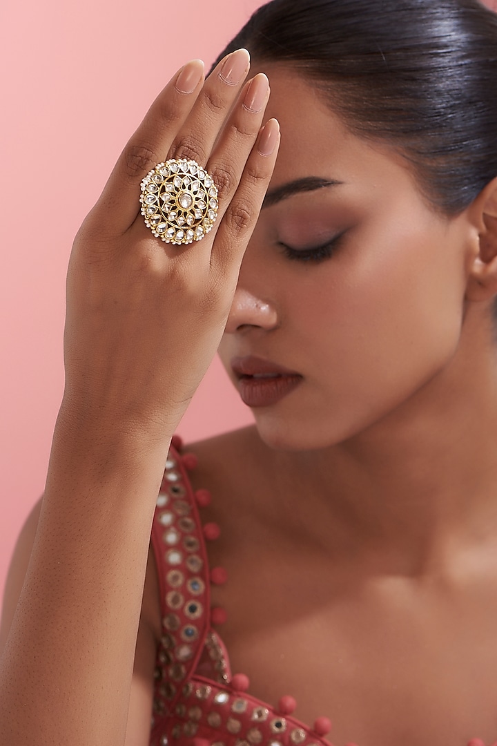 Gold Finish Kundan Polki Ring by Adityam Jewels at Pernia's Pop Up Shop