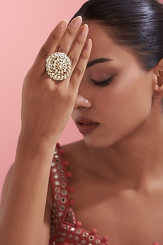 Gold Finish Kundan Polki Ring by Adityam Jewels
