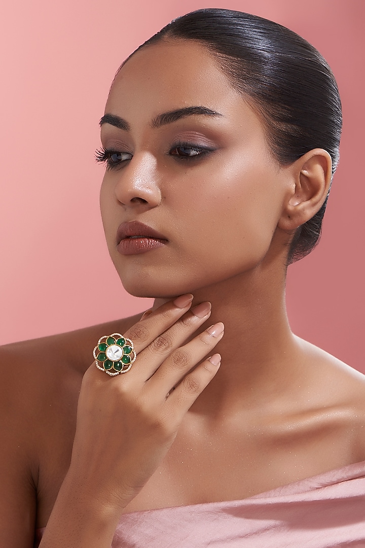 Gold Finish Green Kundan Polki Ring by Adityam Jewels at Pernia's Pop Up Shop