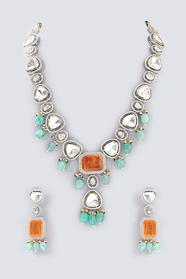 White Finish Kundan Polki & Blue Drop Necklace Set by Adityam Jewels at Pernia's Pop Up Shop