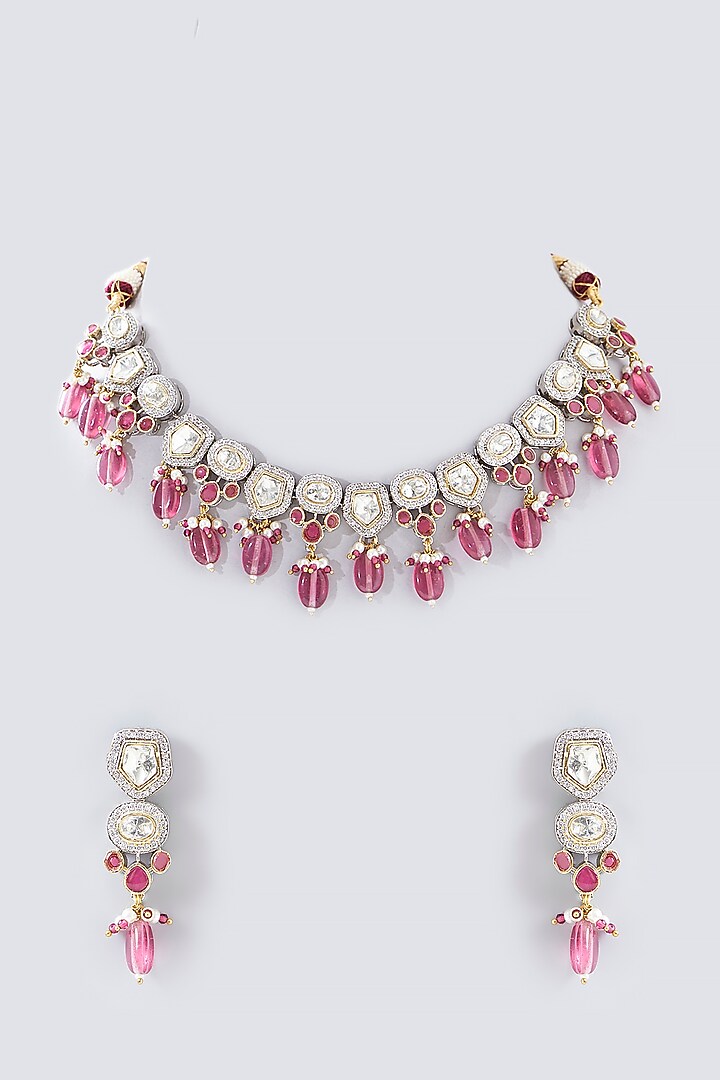 White Finish Kundan Polki Necklace Set by Adityam Jewels at Pernia's Pop Up Shop